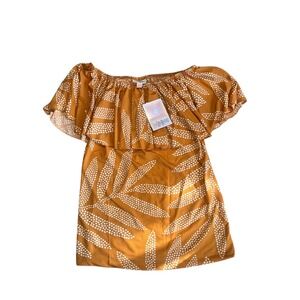LuLaRoe XXS Off The‎ Shoulder Ruffle Top Mustard Yellow Leaf Print
